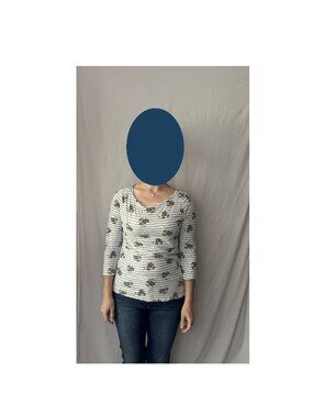 Loft Striped Floral Boatneck Top - 100% Cotton - 3/4 Sleeve, Size Small